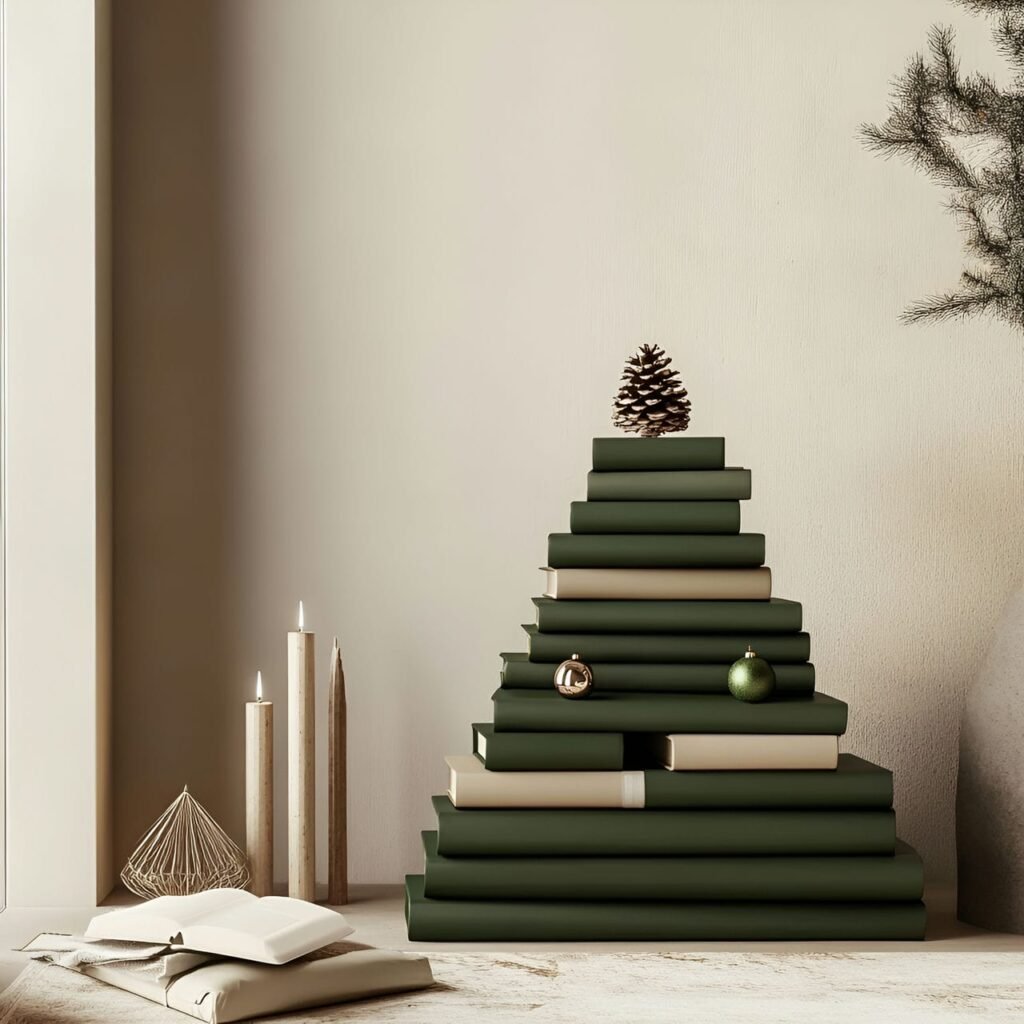 18. Stack of Green Books Tree with Literary Topper