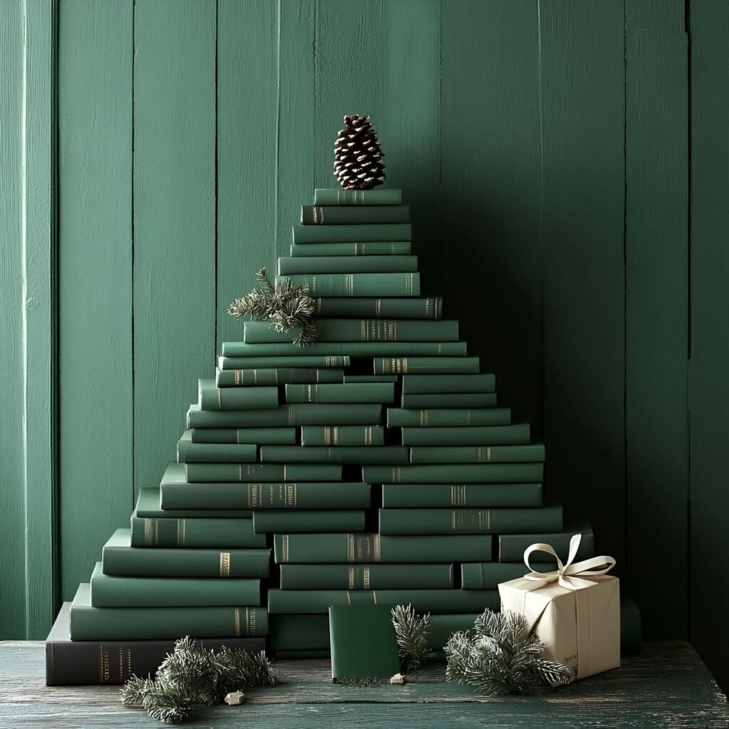 18. Stack of Green Books Tree with Literary Topper