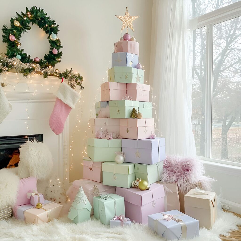 16. Stacked Pastel Box DIY Christmas Tree with Soft Hued Boxes