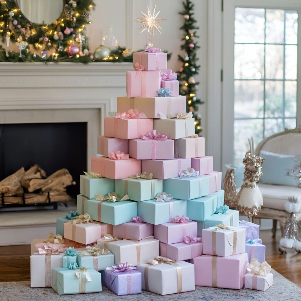 16. Stacked Pastel Box DIY Christmas Tree with Soft Hued Boxes