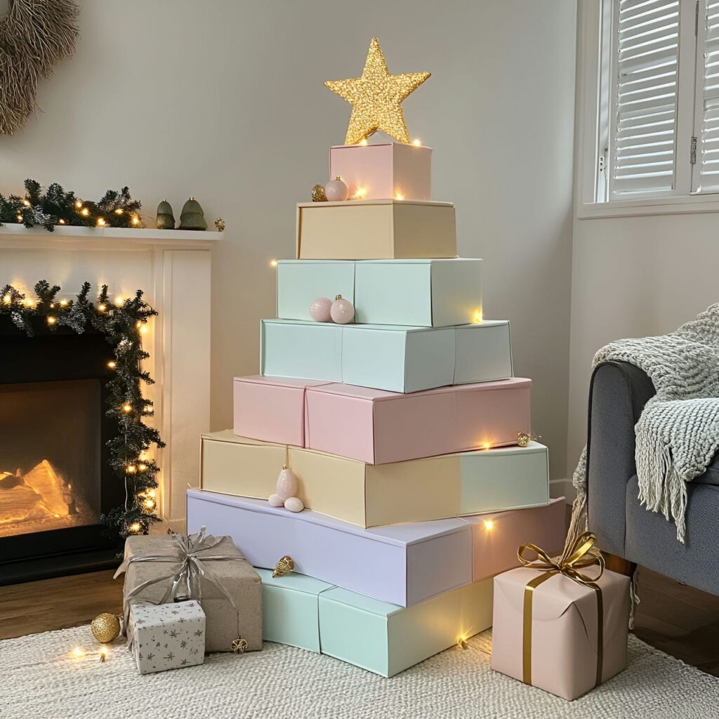 16. Stacked Pastel Box DIY Christmas Tree with Soft Hued Boxes