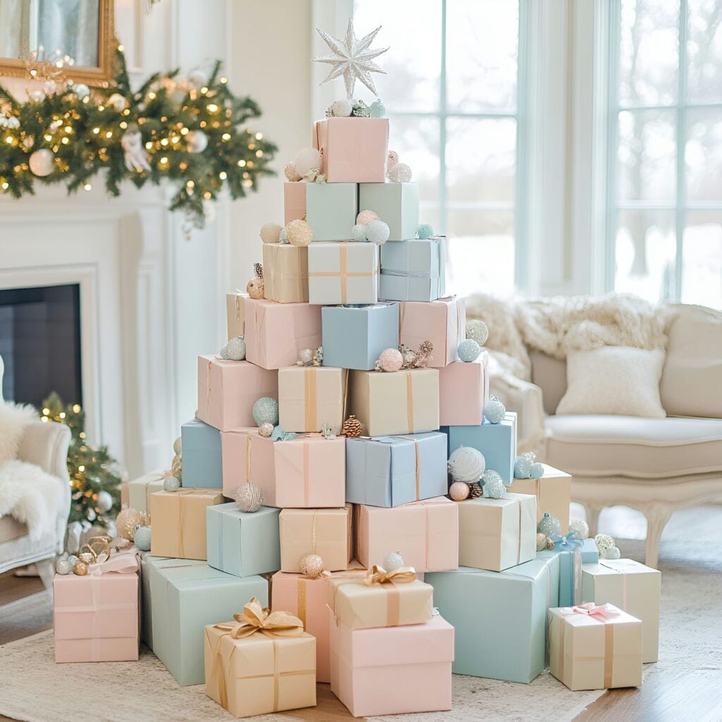 16. Stacked Pastel Box DIY Christmas Tree with Soft Hued Boxes