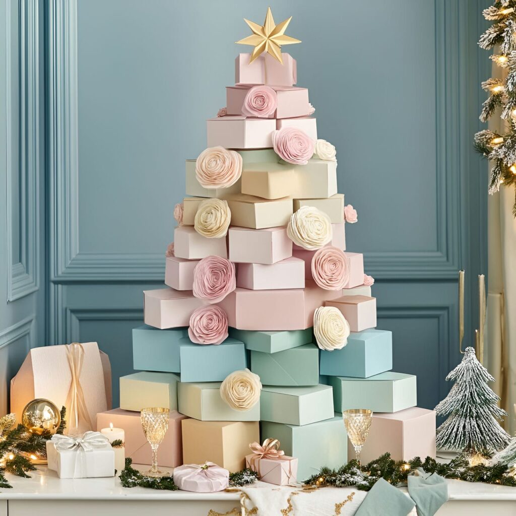 16. Stacked Pastel Box DIY Christmas Tree with Soft Hued Boxes