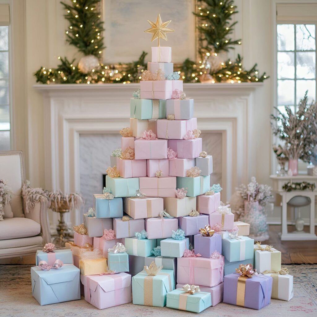 16. Stacked Pastel Box DIY Christmas Tree with Soft Hued Boxes