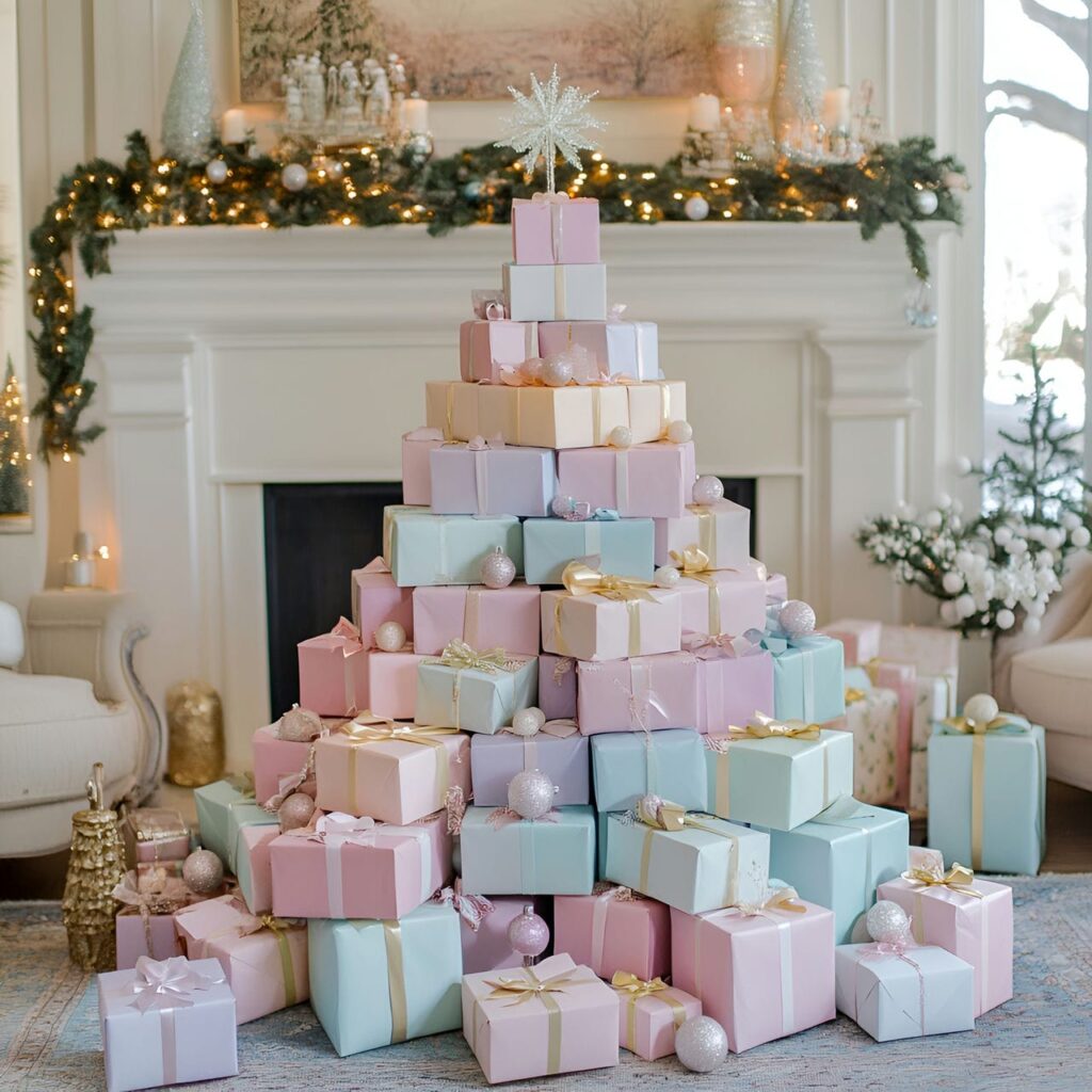 16. Stacked Pastel Box DIY Christmas Tree with Soft Hued Boxes