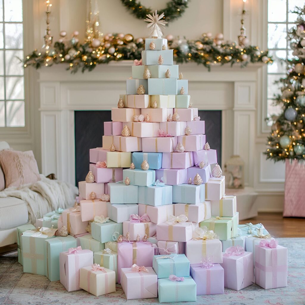 16. Stacked Pastel Box DIY Christmas Tree with Soft Hued Boxes