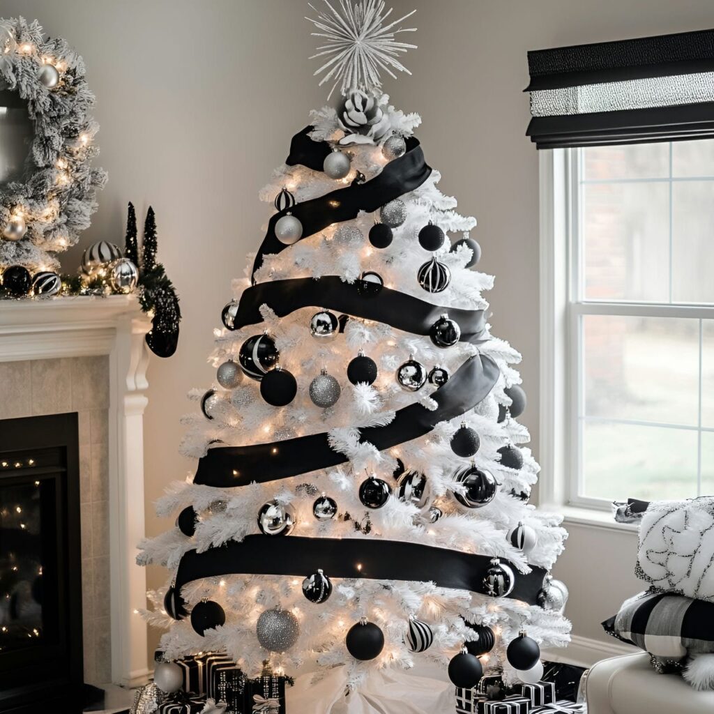 04. Striped Black & White Tree with Bold Ribbon Patterns