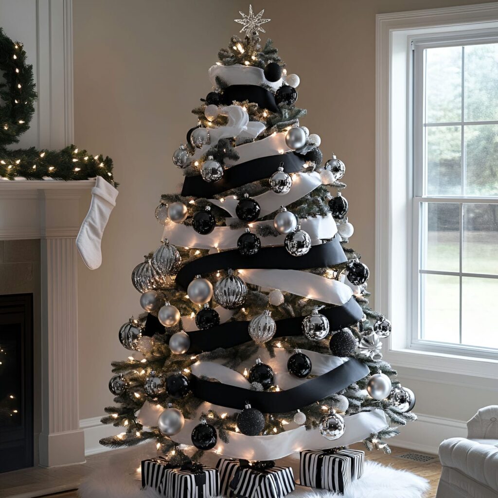 04. Striped Black & White Tree with Bold Ribbon Patterns