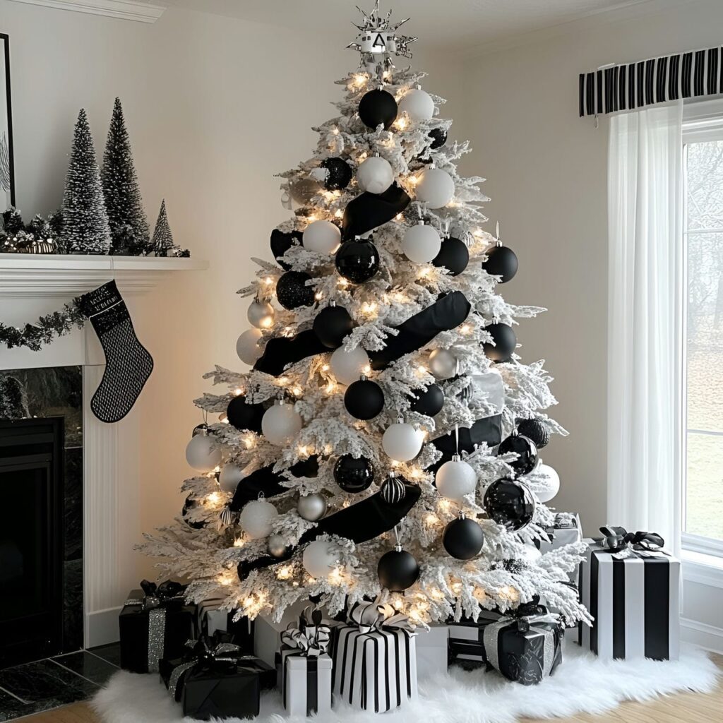 04. Striped Black & White Tree with Bold Ribbon Patterns