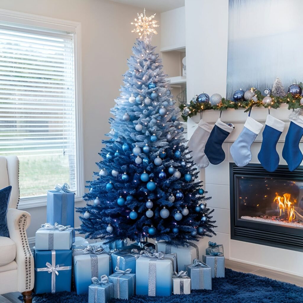 19. Stunning Blue Gradient Christmas Tree with an Ombre Effect