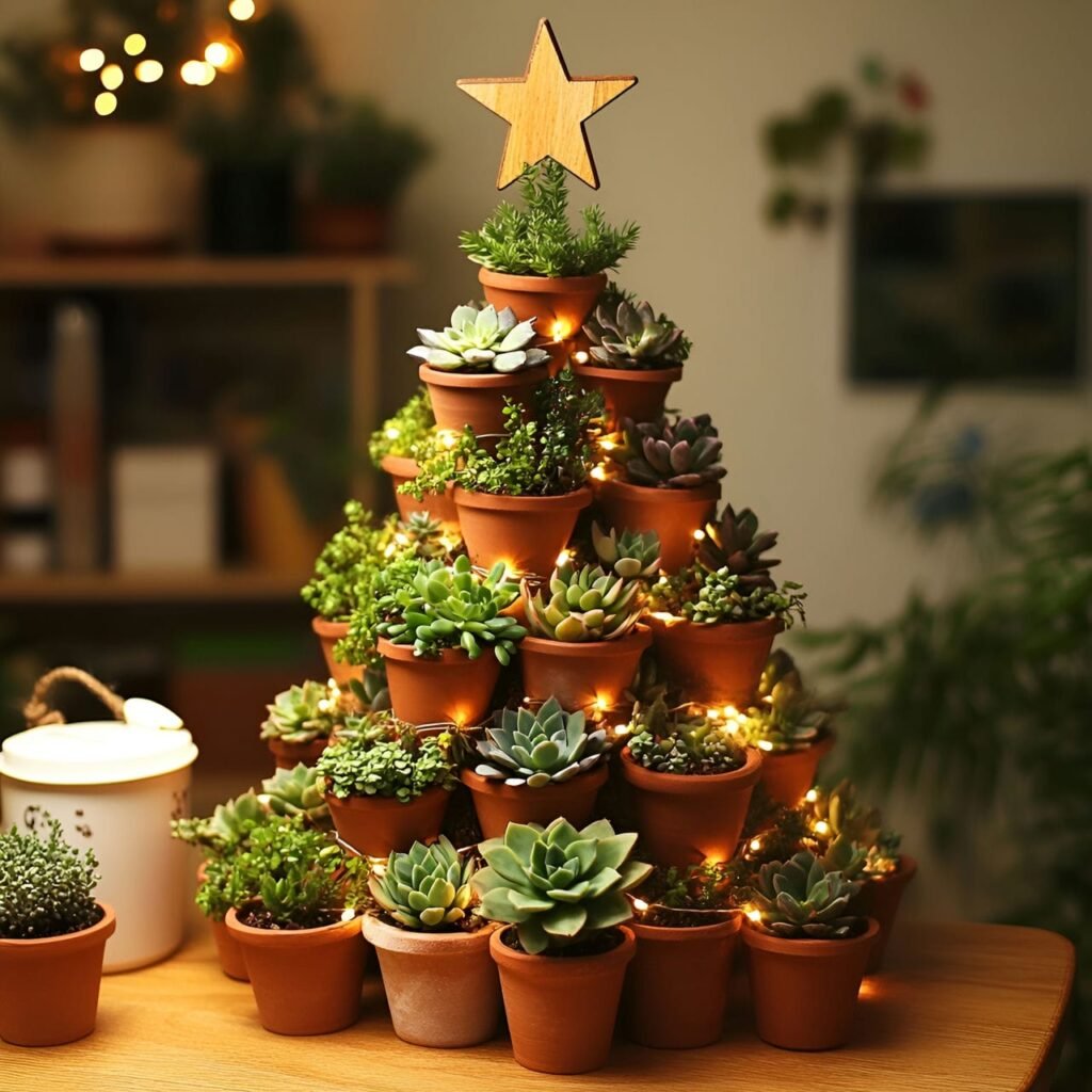 06. Succulent Christmas Tree with Wooden Star Decorations