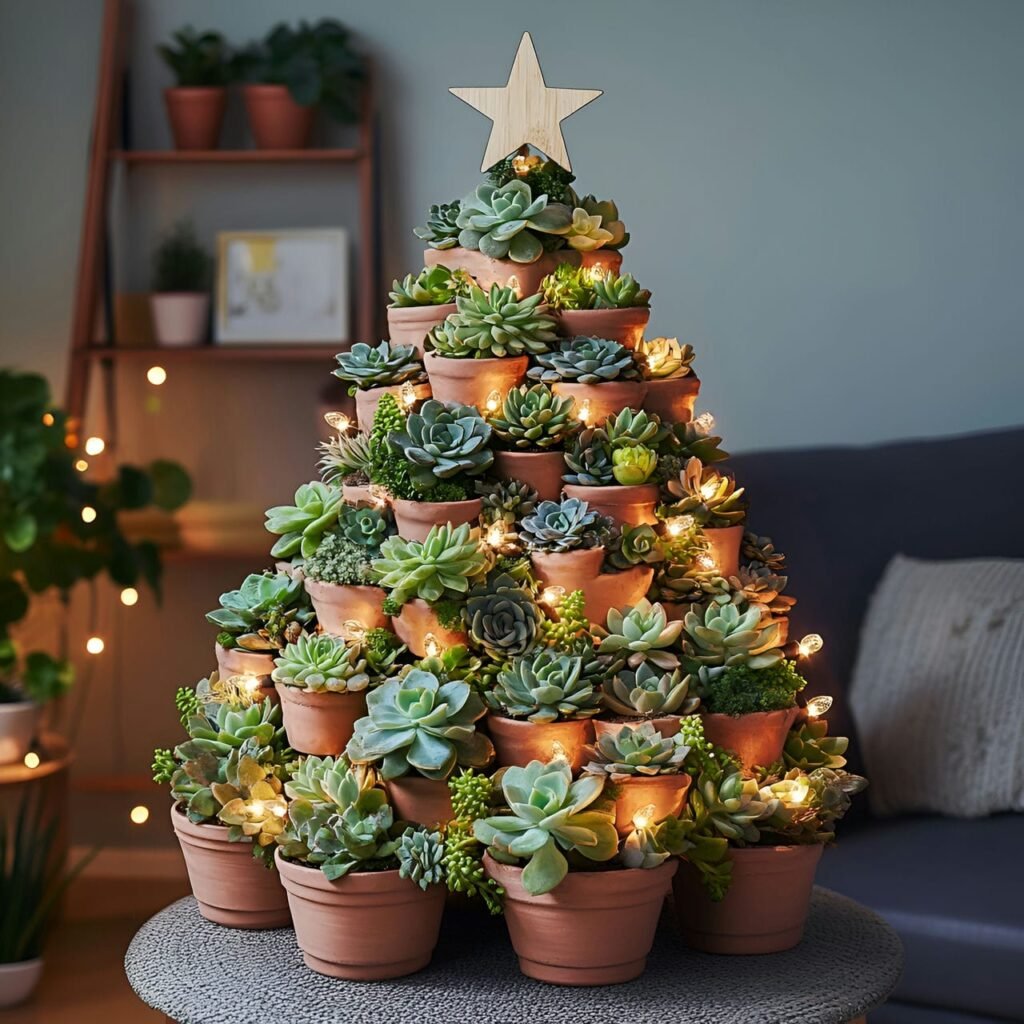 06. Succulent Christmas Tree with Wooden Star Decorations