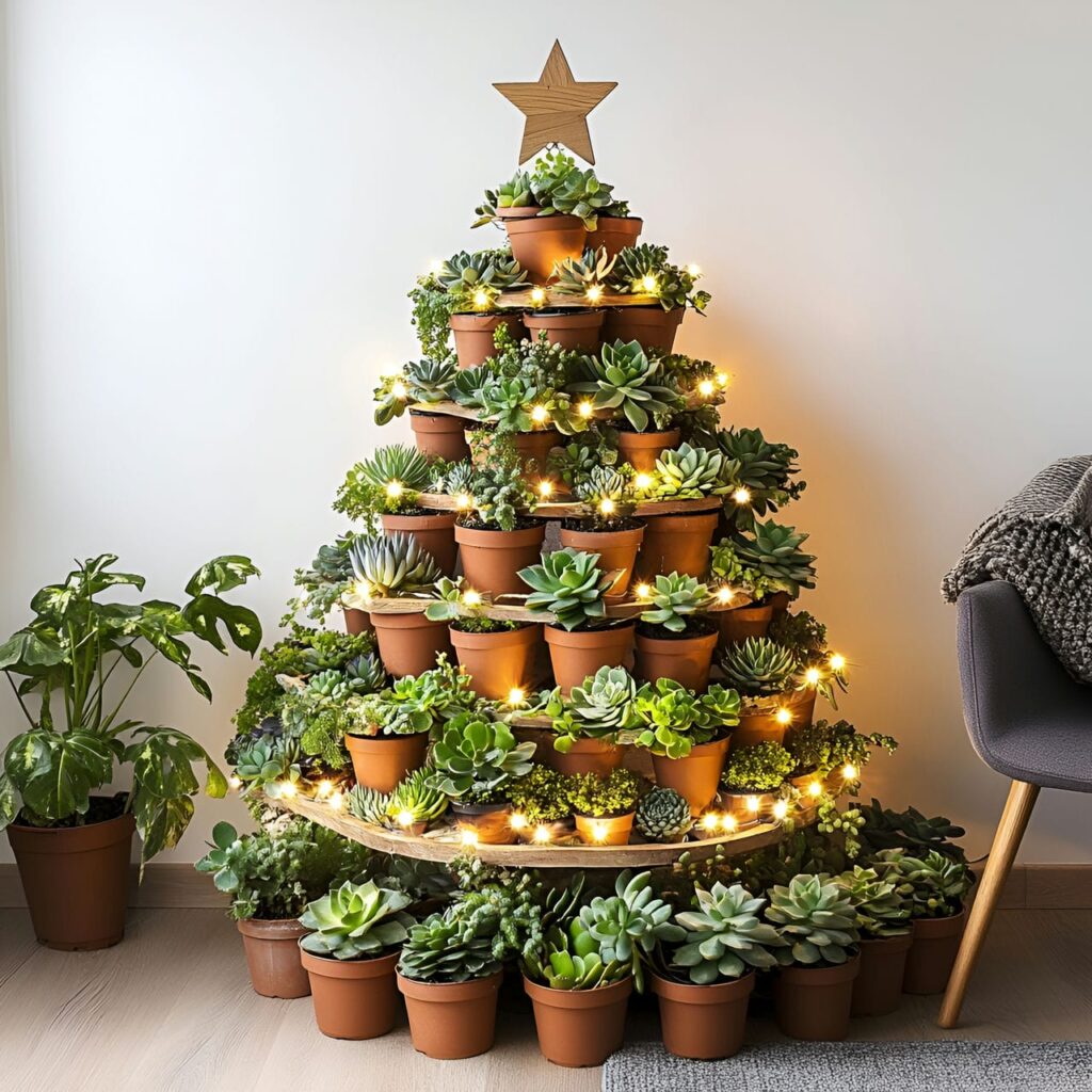 06. Succulent Christmas Tree with Wooden Star Decorations