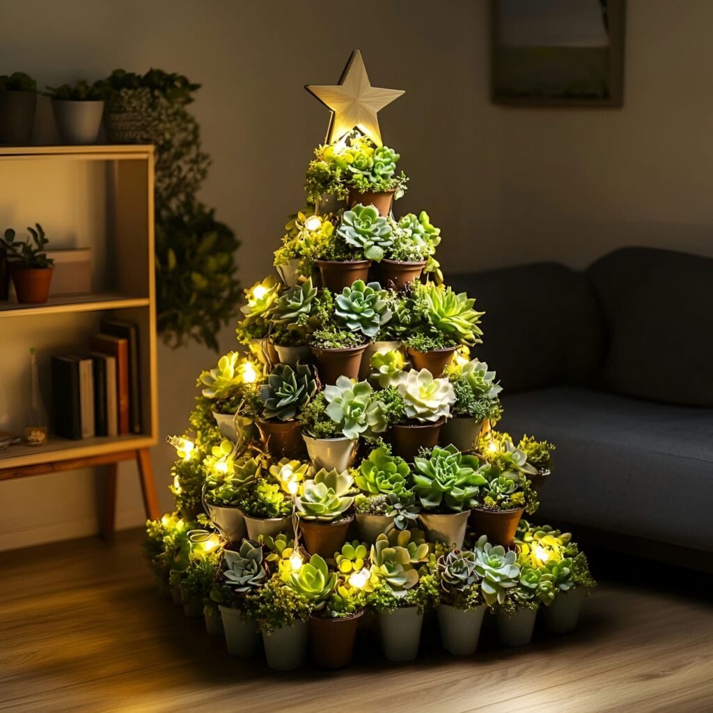 06. Succulent Christmas Tree with Wooden Star Decorations