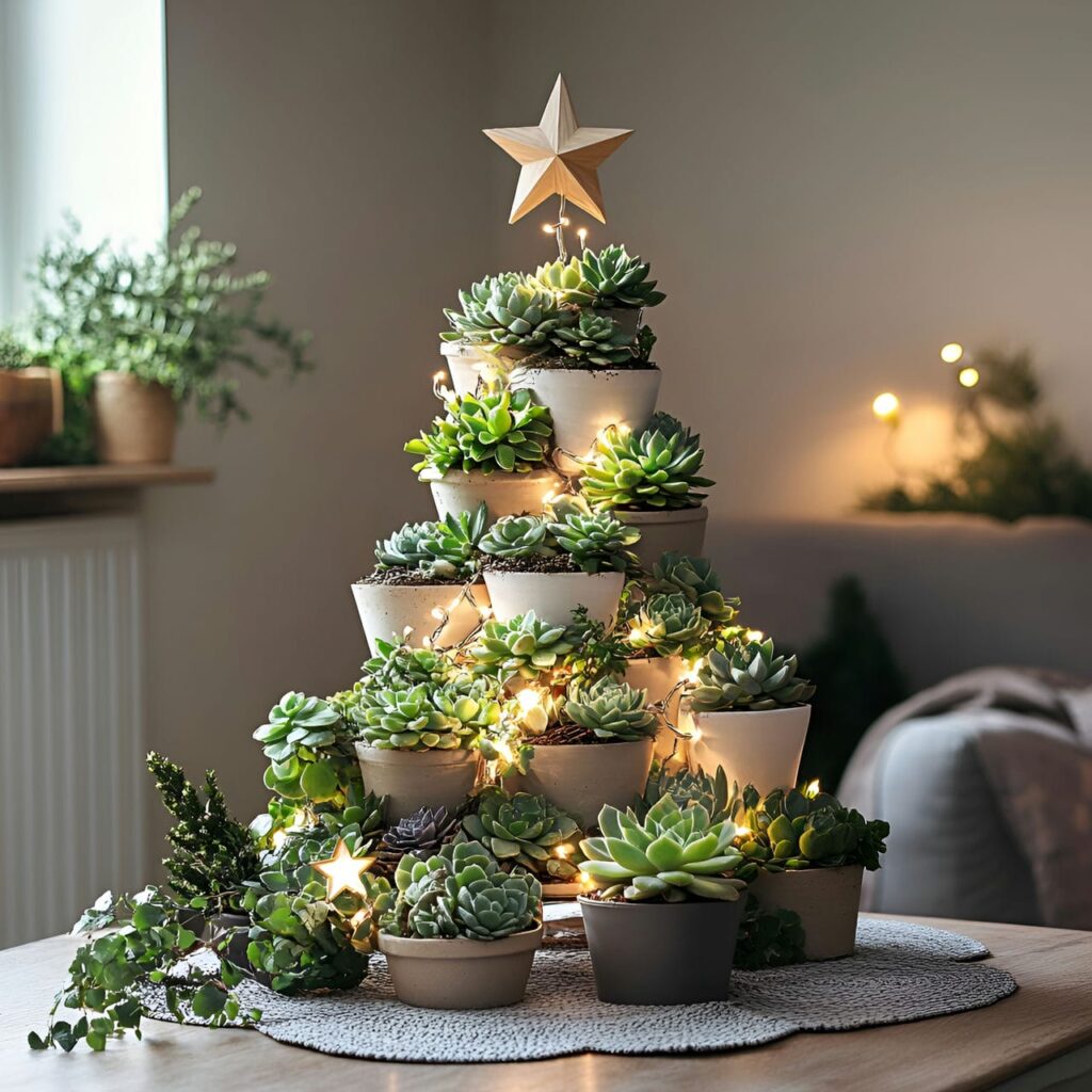 06. Succulent Christmas Tree with Wooden Star Decorations