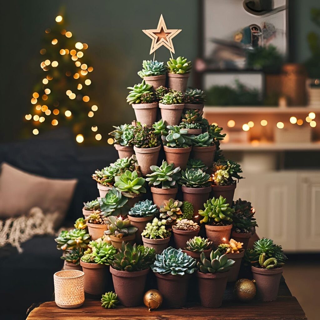 06. Succulent Christmas Tree with Wooden Star Decorations