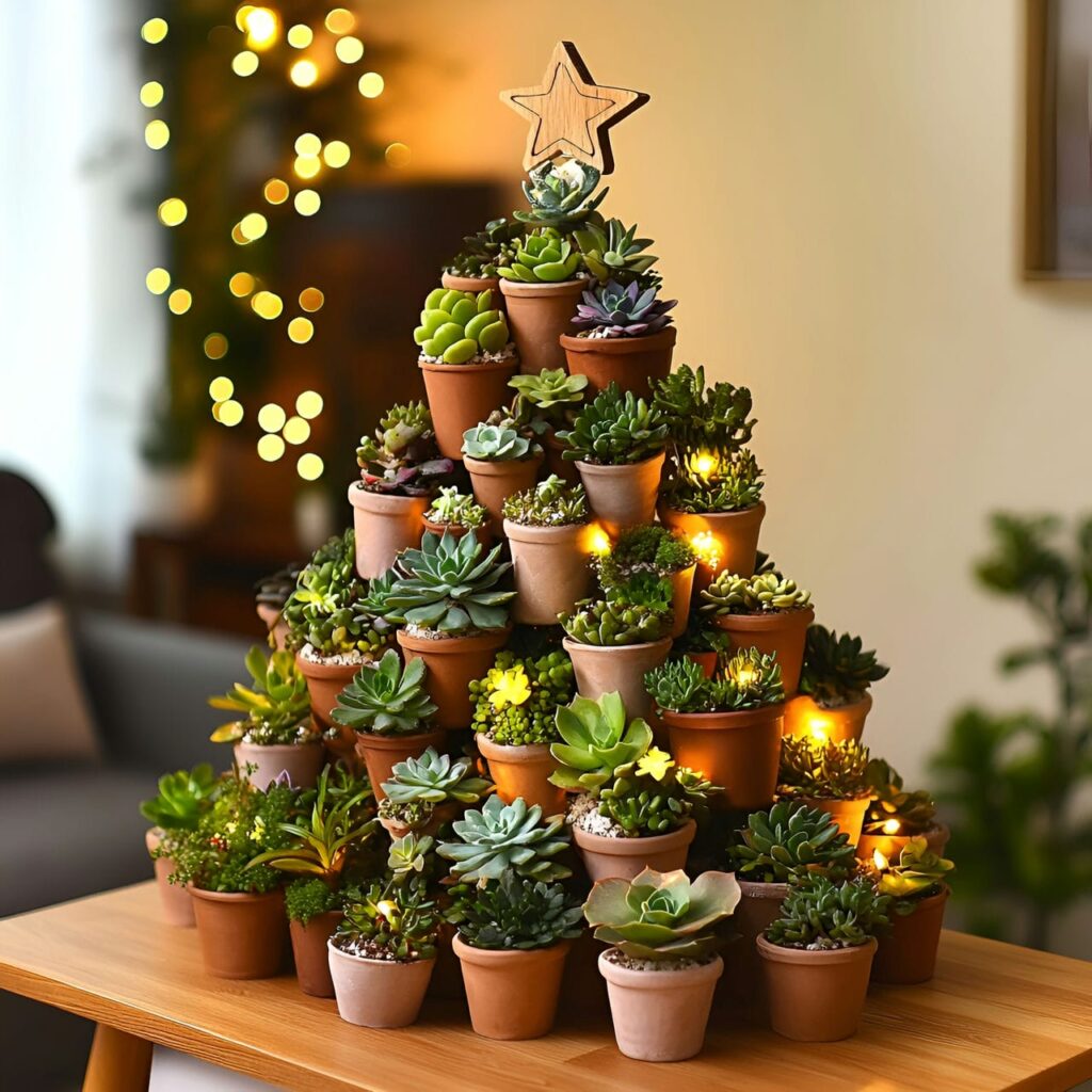 06. Succulent Christmas Tree with Wooden Star Decorations