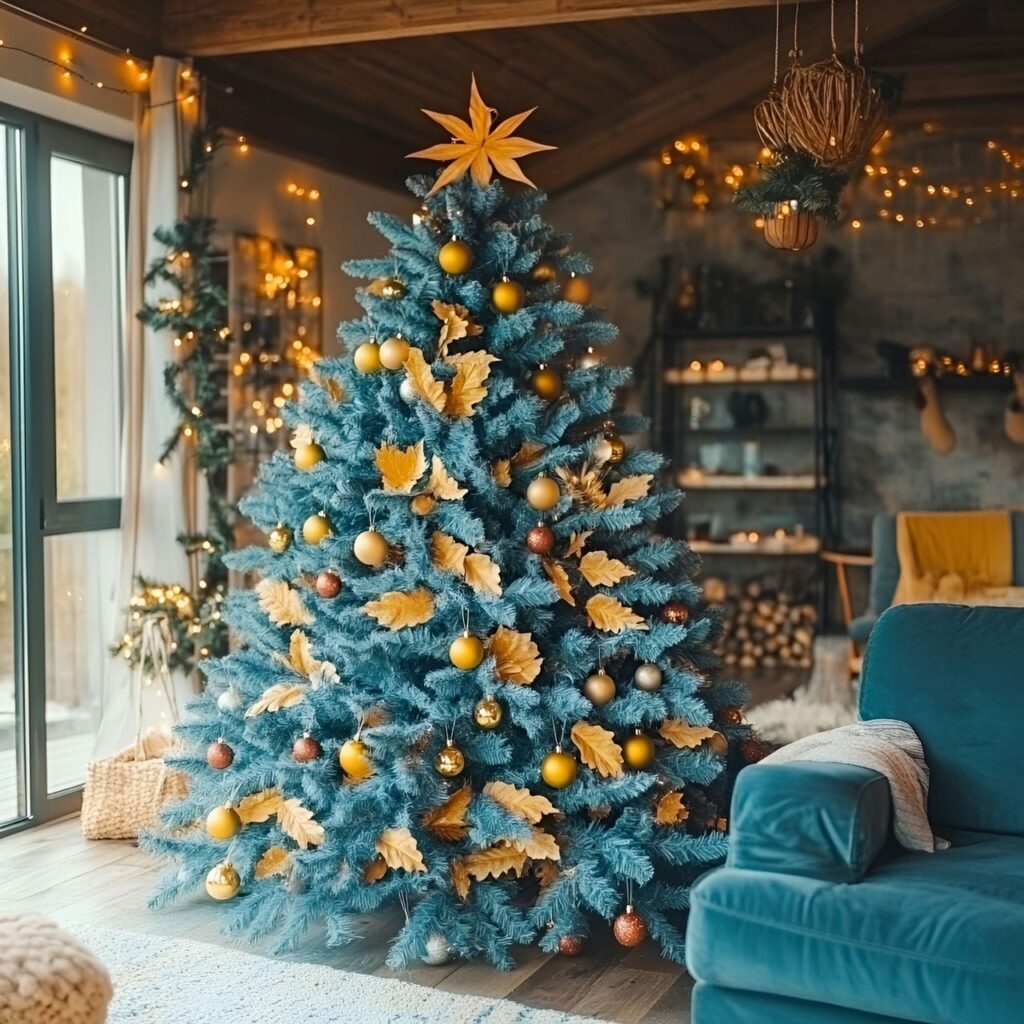 18. Teal and Soft Yellow Christmas Tree with Nature-Inspired Décor