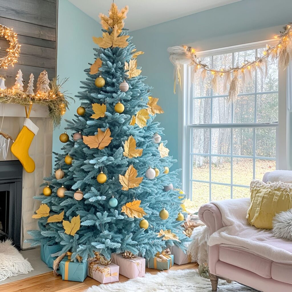 18. Teal and Soft Yellow Christmas Tree with Nature-Inspired Décor