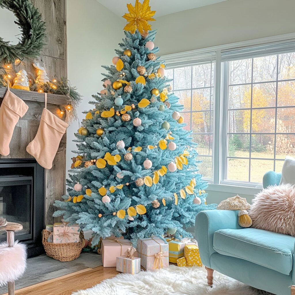 18. Teal and Soft Yellow Christmas Tree with Nature-Inspired Décor