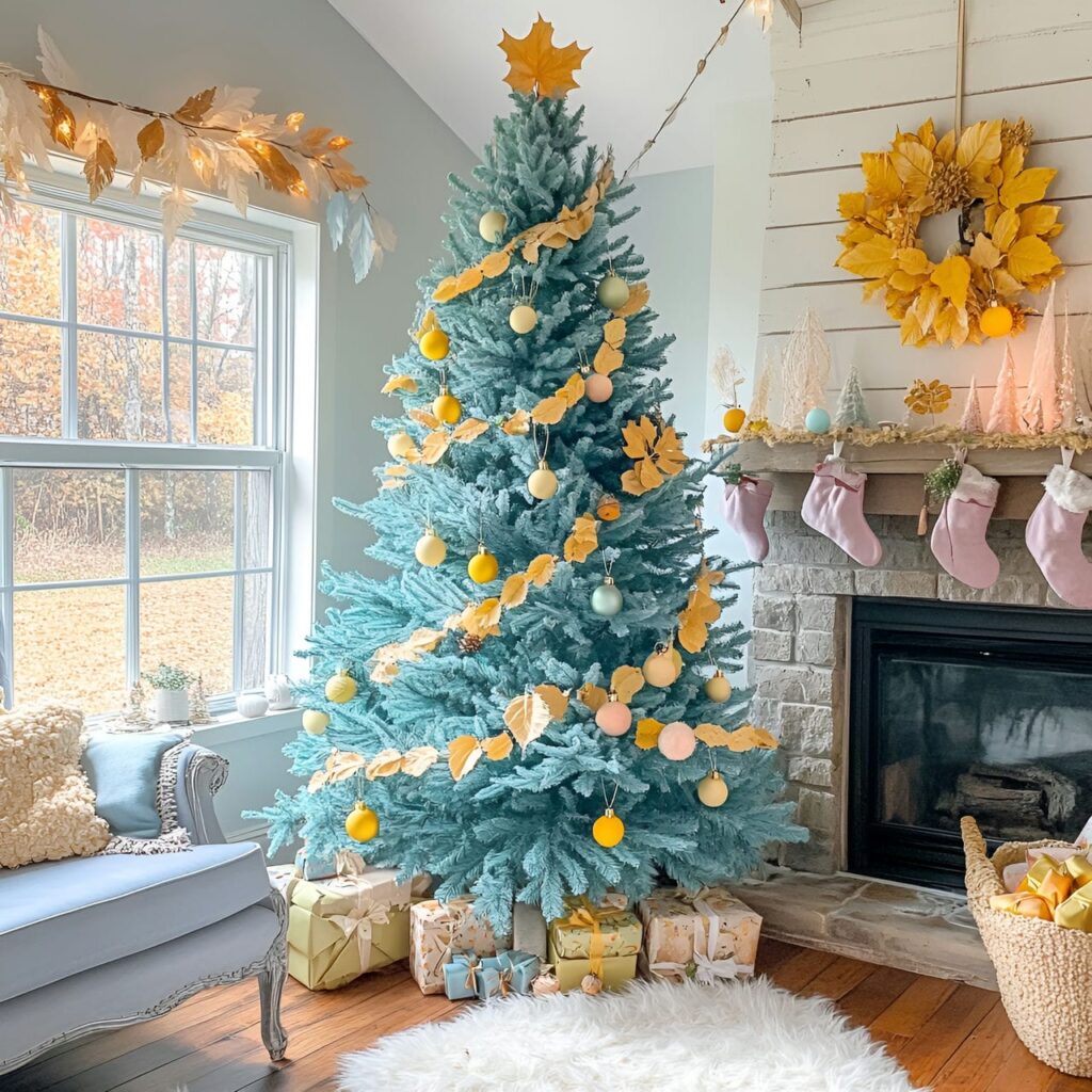 18. Teal and Soft Yellow Christmas Tree with Nature-Inspired Décor