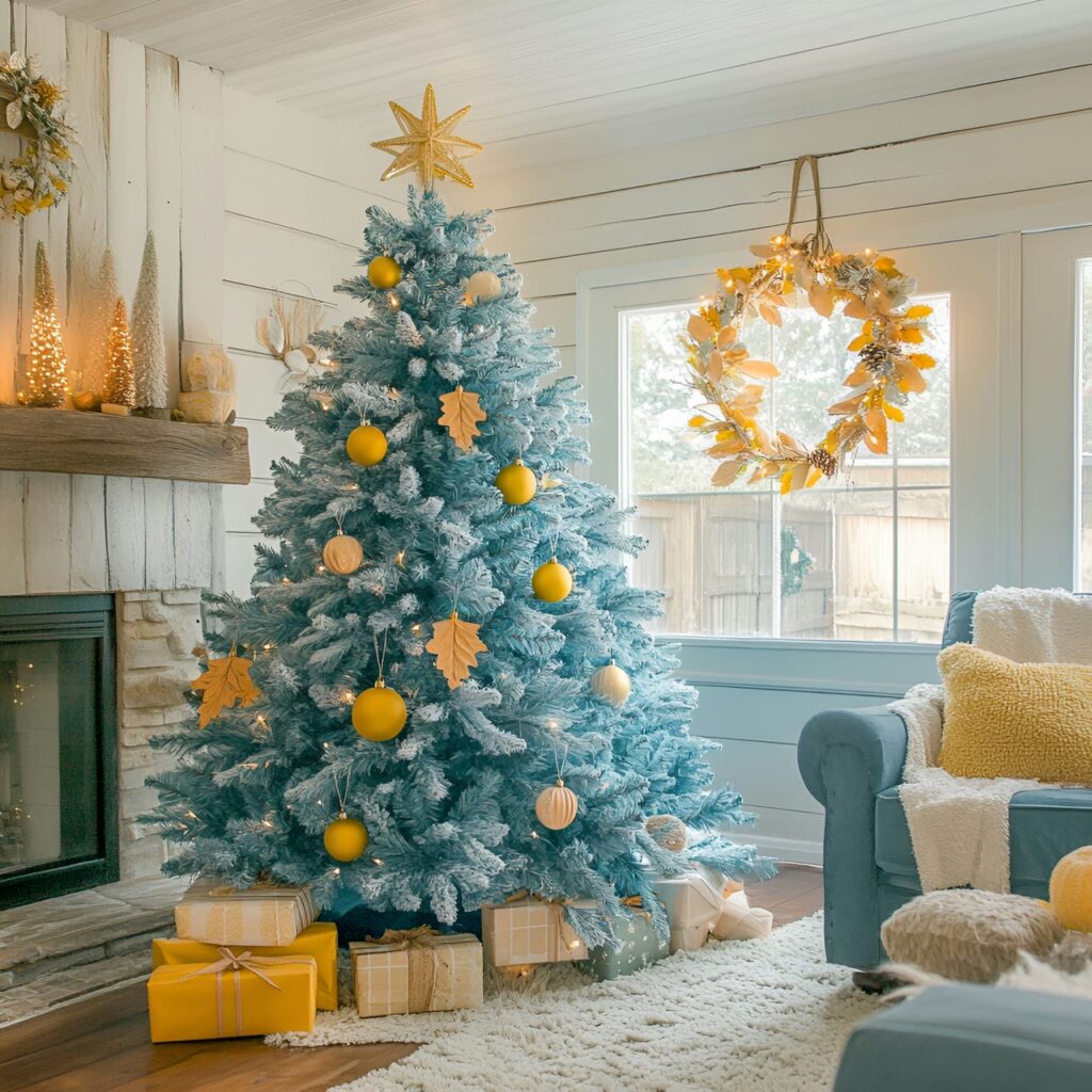 18. Teal and Soft Yellow Christmas Tree with Nature-Inspired Décor