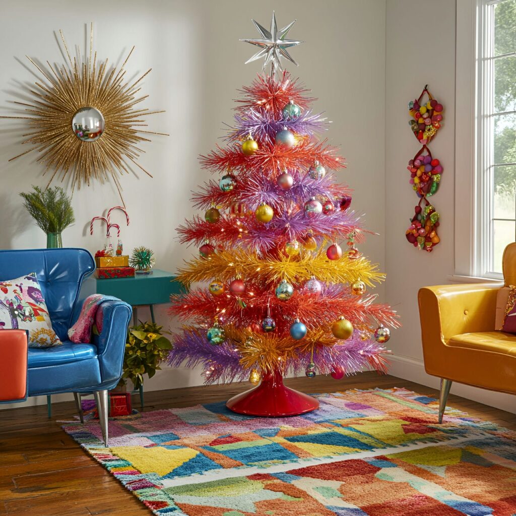 11. Tinsel and Glitter Retro Tree with Glass Ornaments & Foil Star