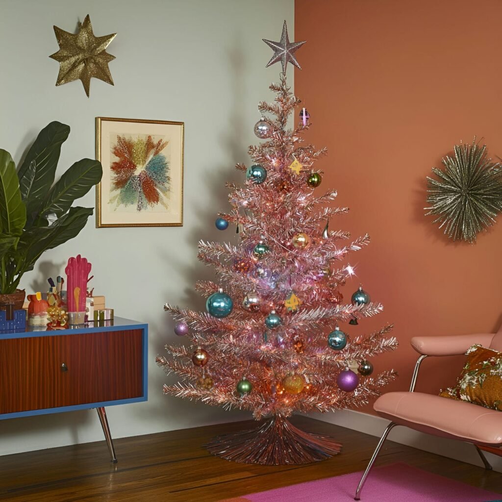 11. Tinsel and Glitter Retro Tree with Glass Ornaments & Foil Star