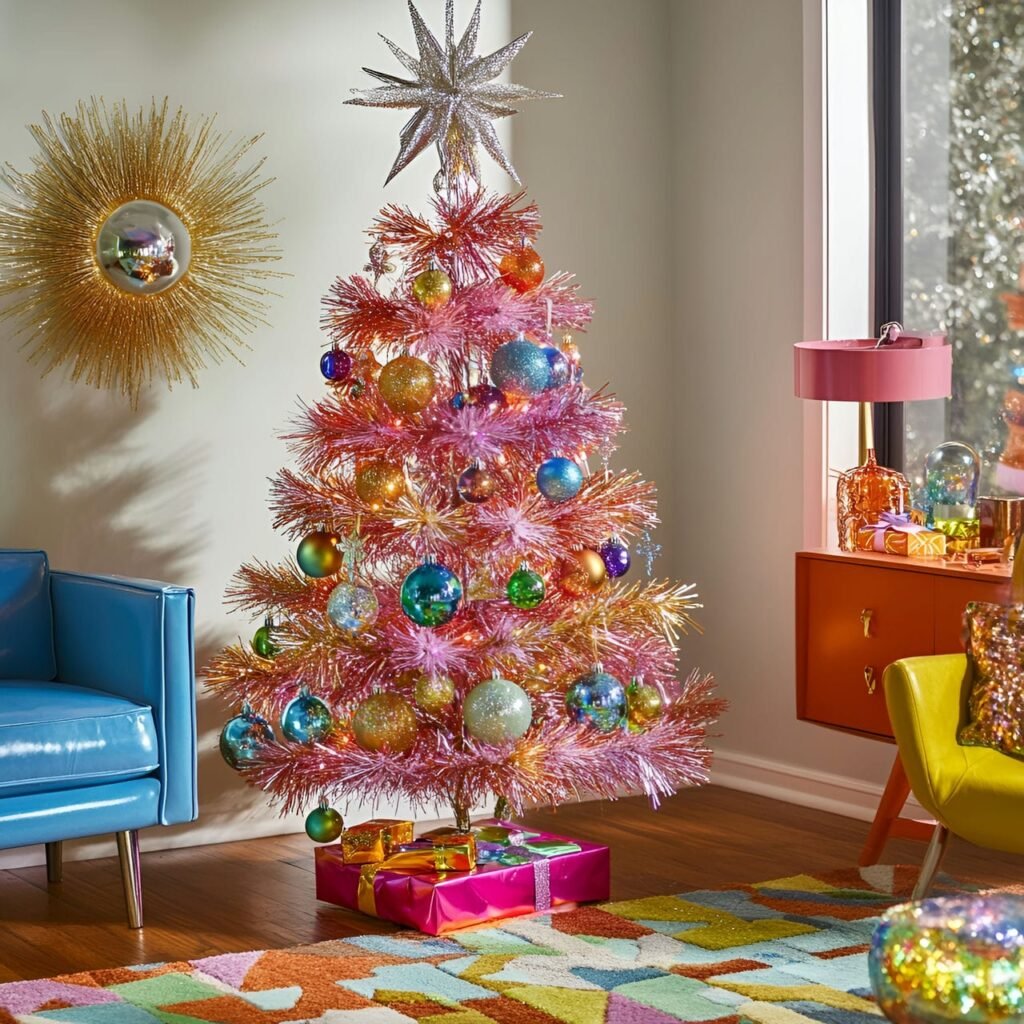 11. Tinsel and Glitter Retro Tree with Glass Ornaments & Foil Star