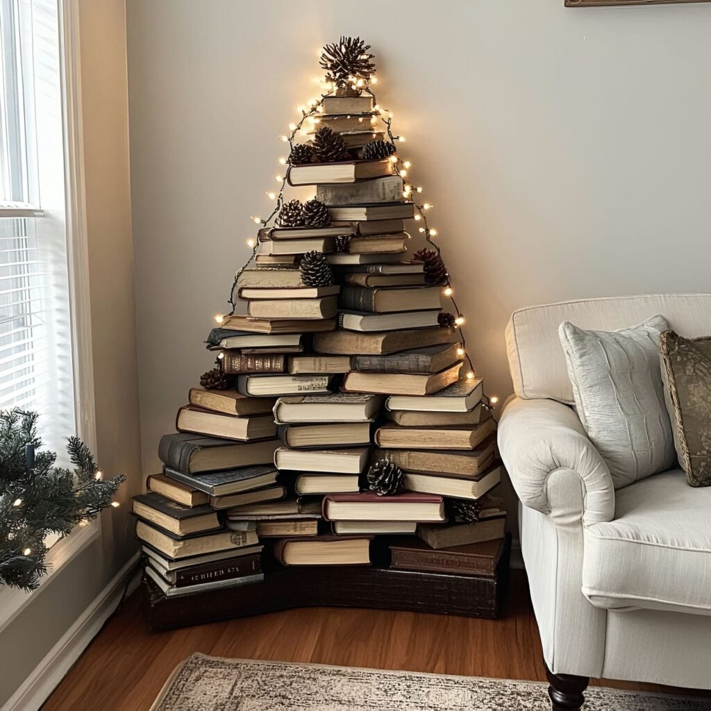 08. Tree of Books Christmas Tree with Pinecone Ornaments