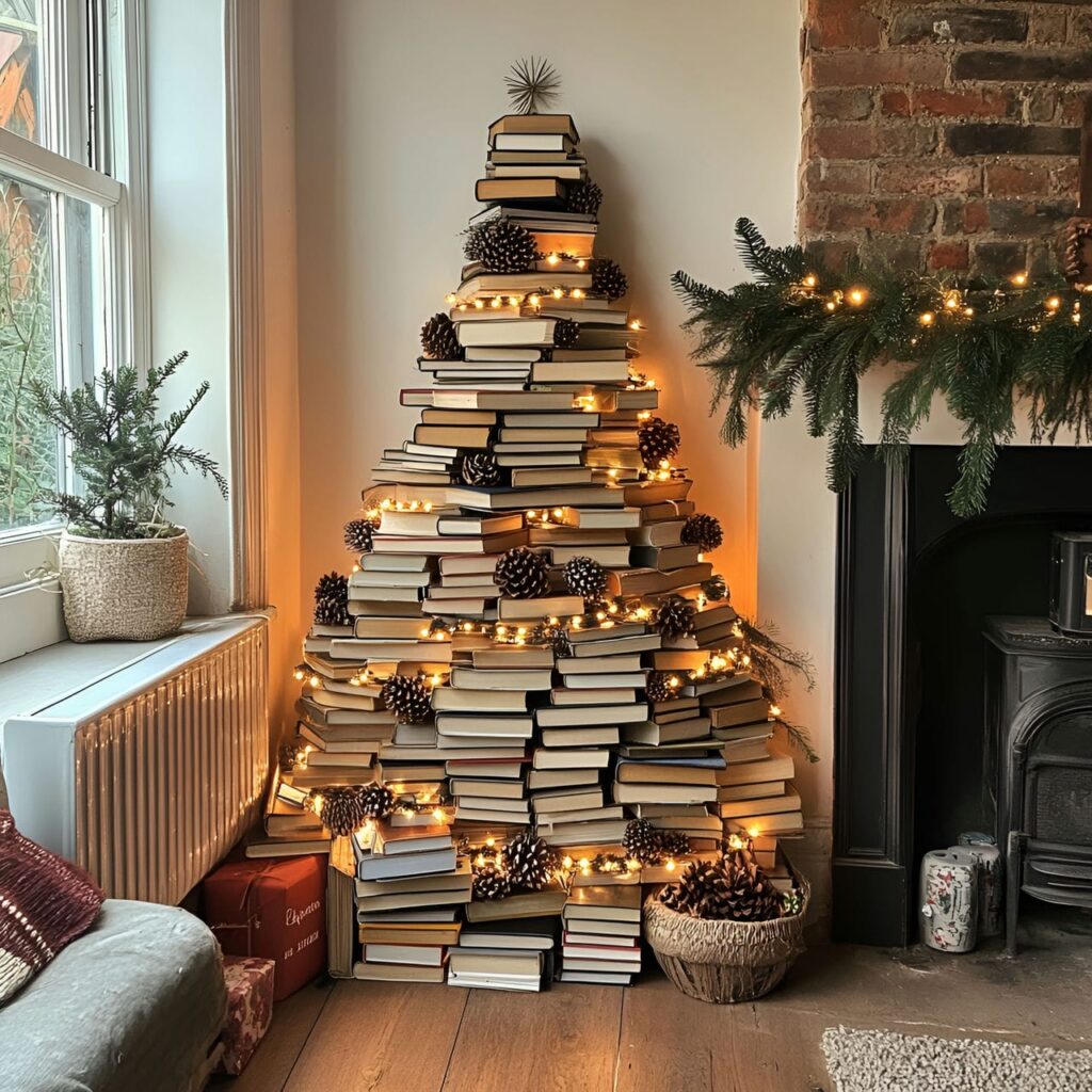 08. Tree of Books Christmas Tree with Pinecone Ornaments