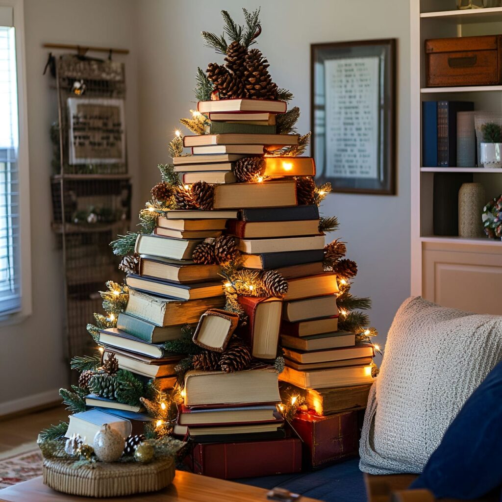 08. Tree of Books Christmas Tree with Pinecone Ornaments