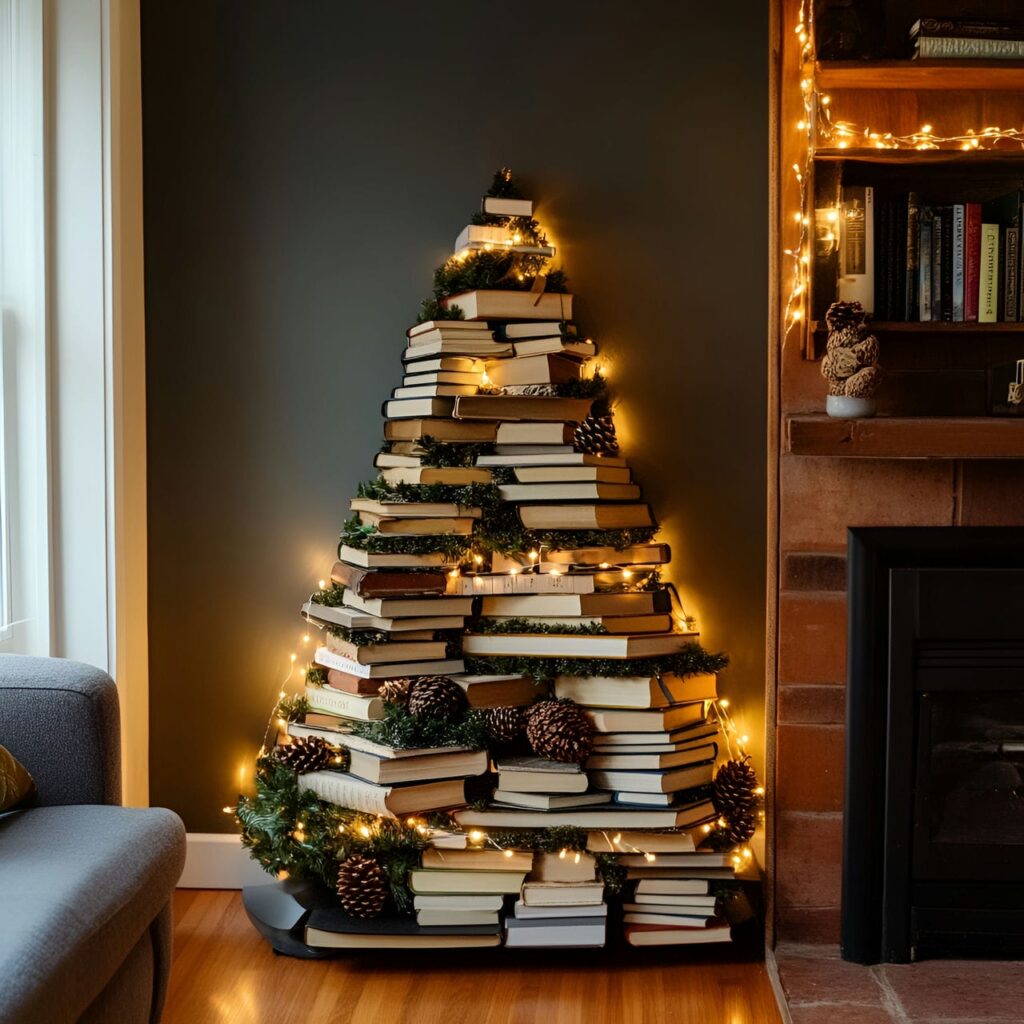 08. Tree of Books Christmas Tree with Pinecone Ornaments