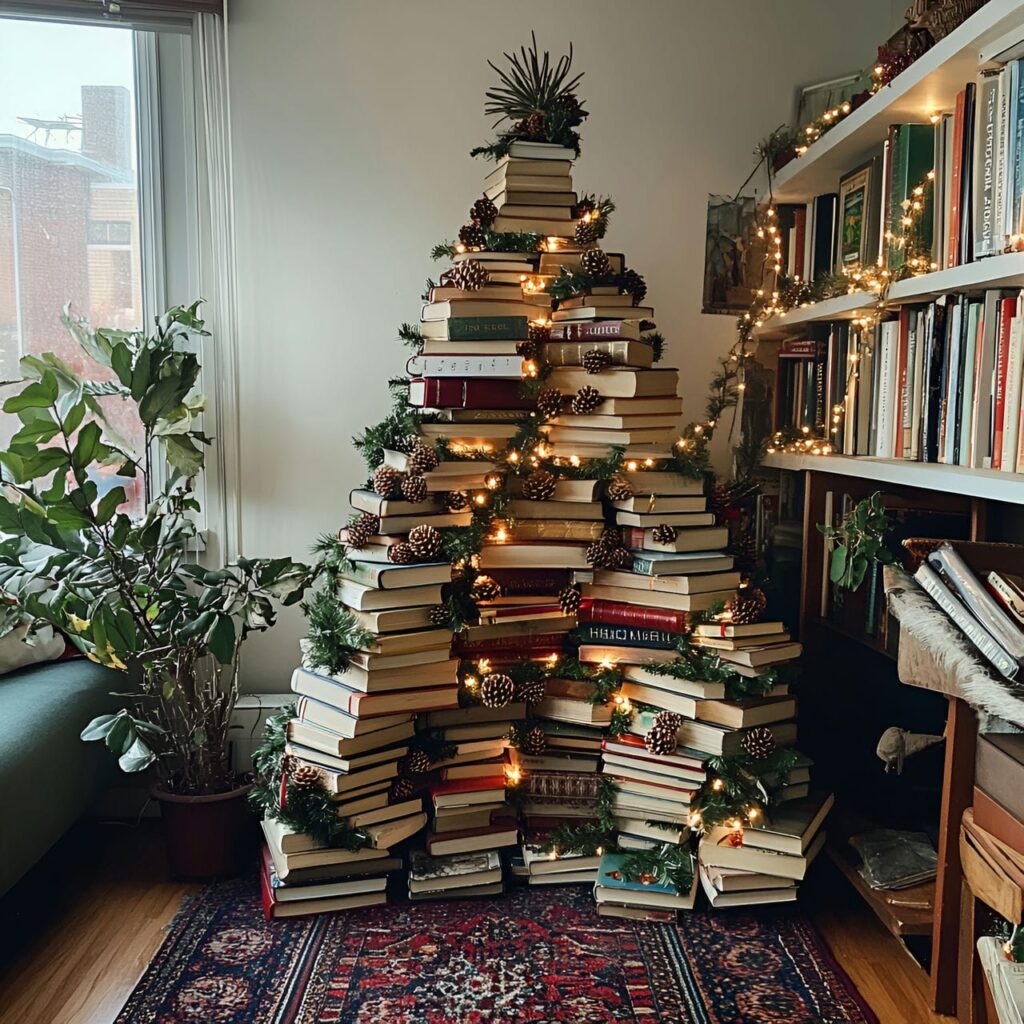 08. Tree of Books Christmas Tree with Pinecone Ornaments