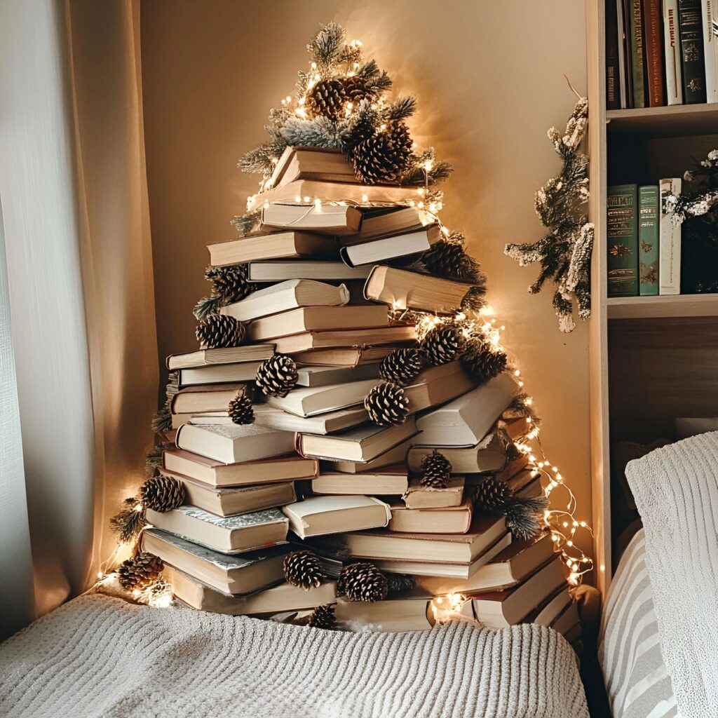 08. Tree of Books Christmas Tree with Pinecone Ornaments