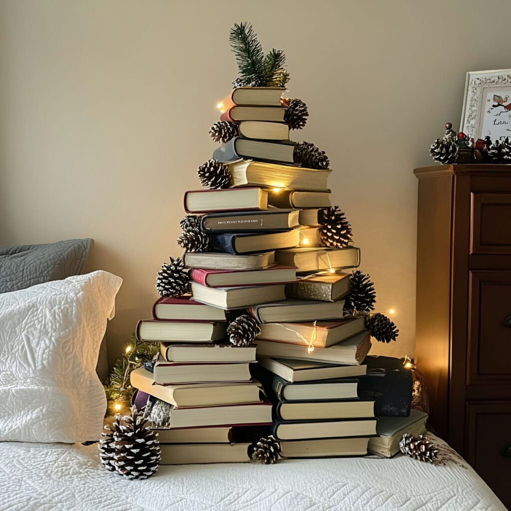 08. Tree of Books Christmas Tree with Pinecone Ornaments