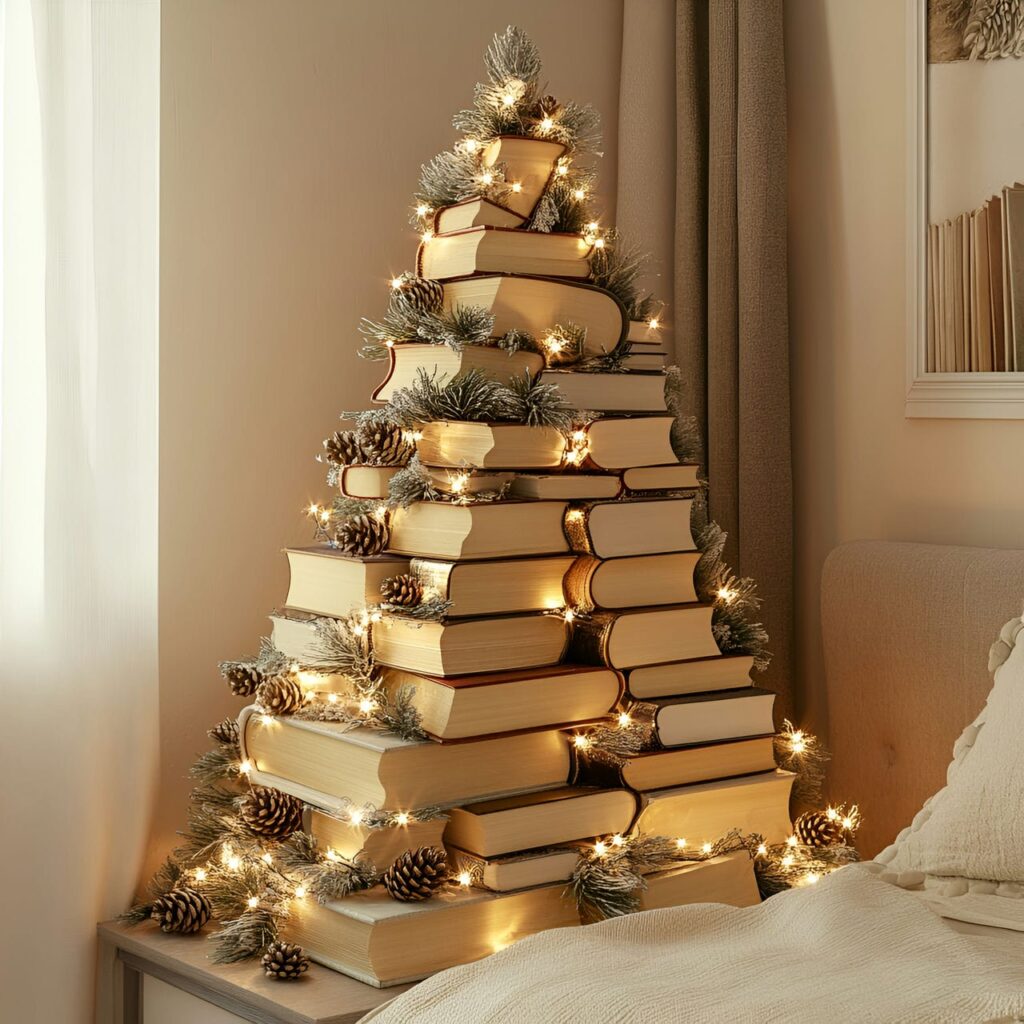 08. Tree of Books Christmas Tree with Pinecone Ornaments