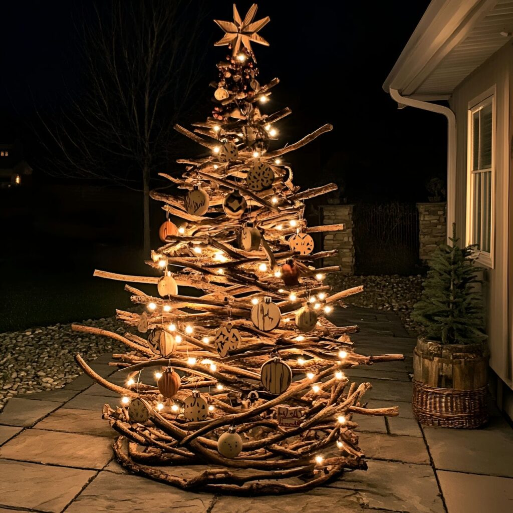 23. Twig and Branch Christmas Tree with Carved Wood Ornaments