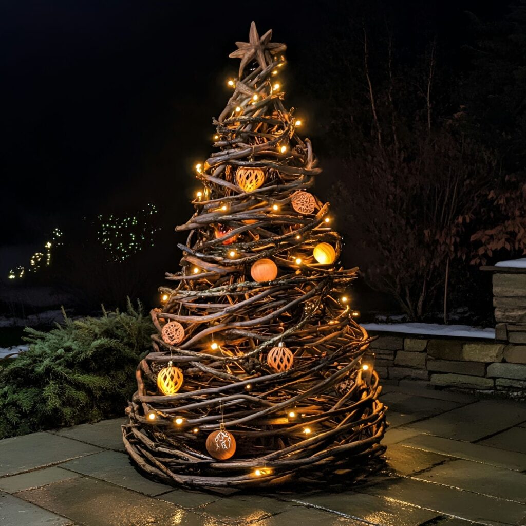 23. Twig and Branch Christmas Tree with Carved Wood Ornaments