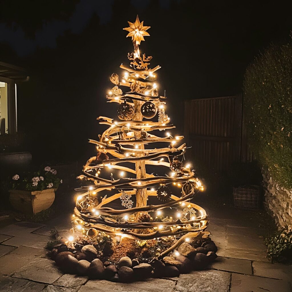 23. Twig and Branch Christmas Tree with Carved Wood Ornaments