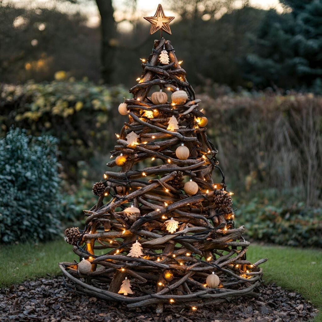 23. Twig and Branch Christmas Tree with Carved Wood Ornaments