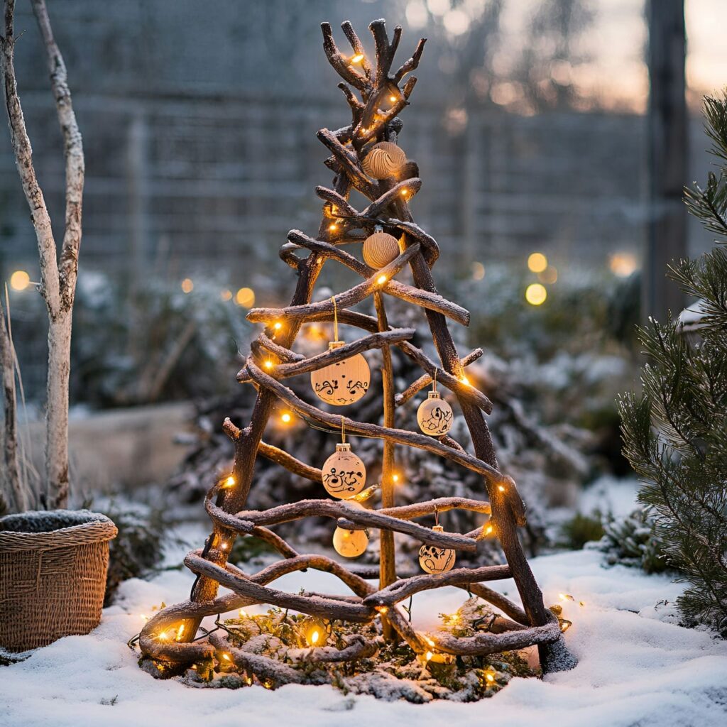 23. Twig and Branch Christmas Tree with Carved Wood Ornaments