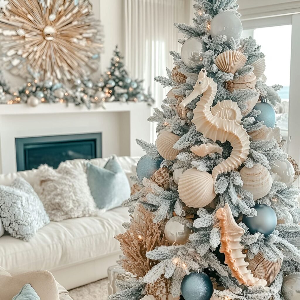 25. Under-the-Sea Christmas Tree with Seahorse, Coral, and Shells