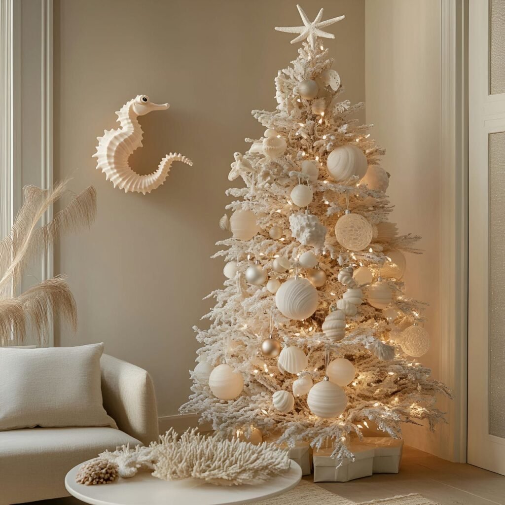 25. Under-the-Sea Christmas Tree with Seahorse, Coral, and Shells