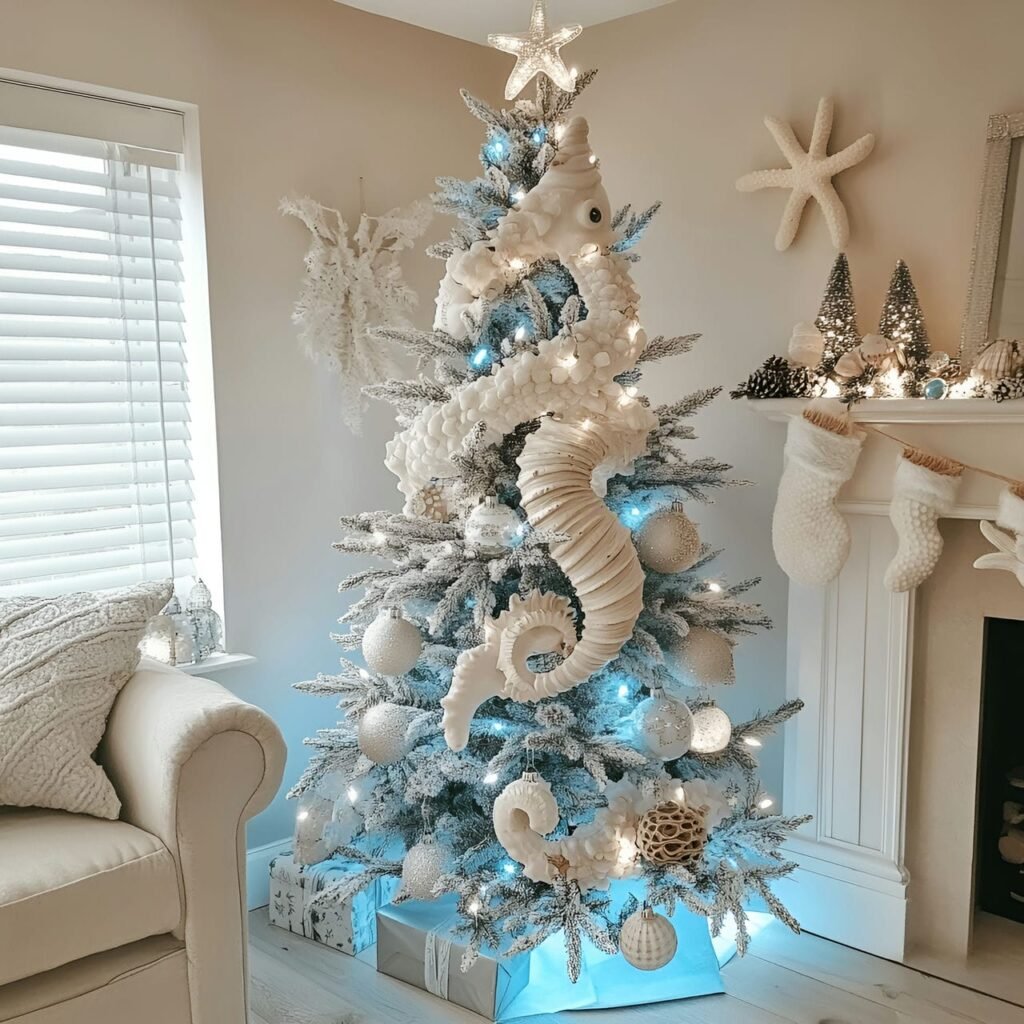 25. Under-the-Sea Christmas Tree with Seahorse, Coral, and Shells