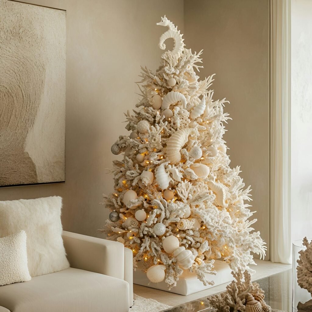 25. Under-the-Sea Christmas Tree with Seahorse, Coral, and Shells