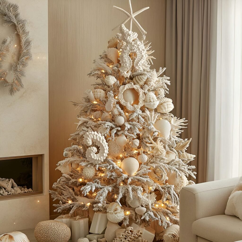 25. Under-the-Sea Christmas Tree with Seahorse, Coral, and Shells