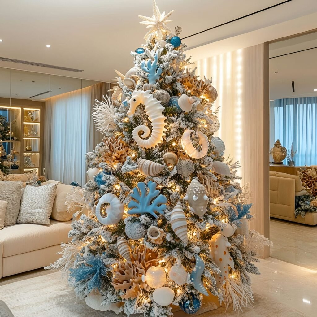 25. Under-the-Sea Christmas Tree with Seahorse, Coral, and Shells