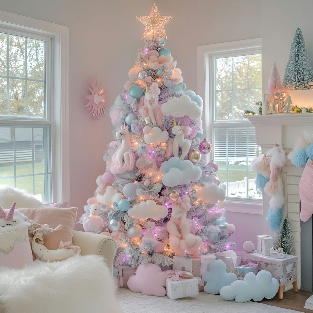 20. Unicorn Magic Pastel Christmas Tree with Whimsical Unicorn Décor