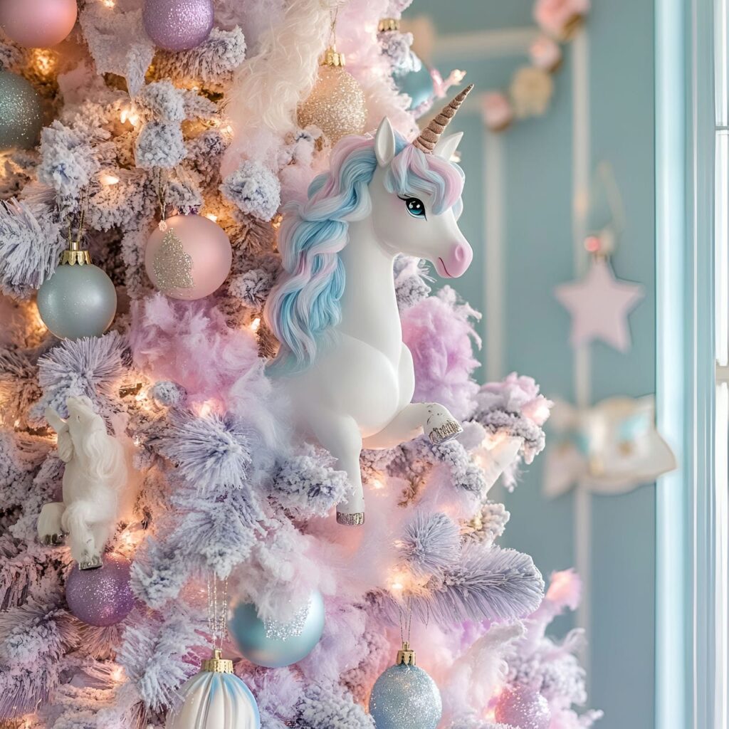 20. Unicorn Magic Pastel Christmas Tree with Whimsical Unicorn Décor